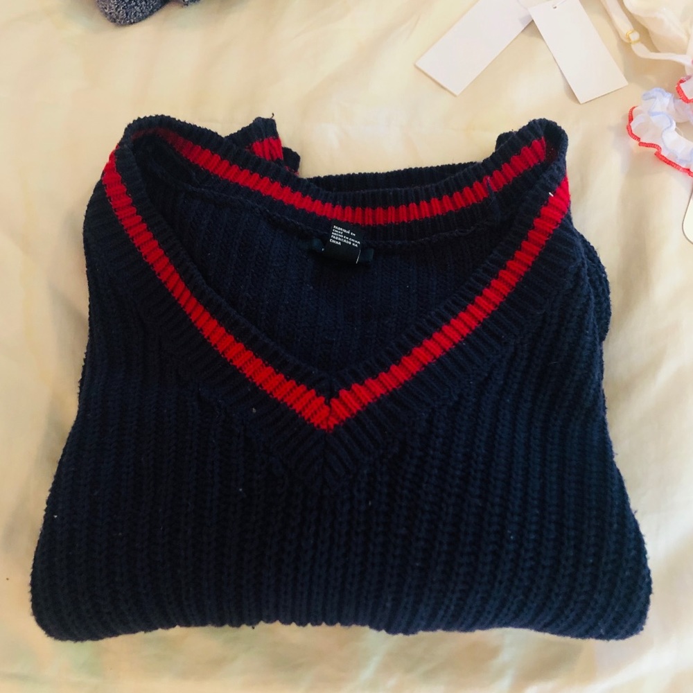 Navy V-neck Sweater with Red Lining